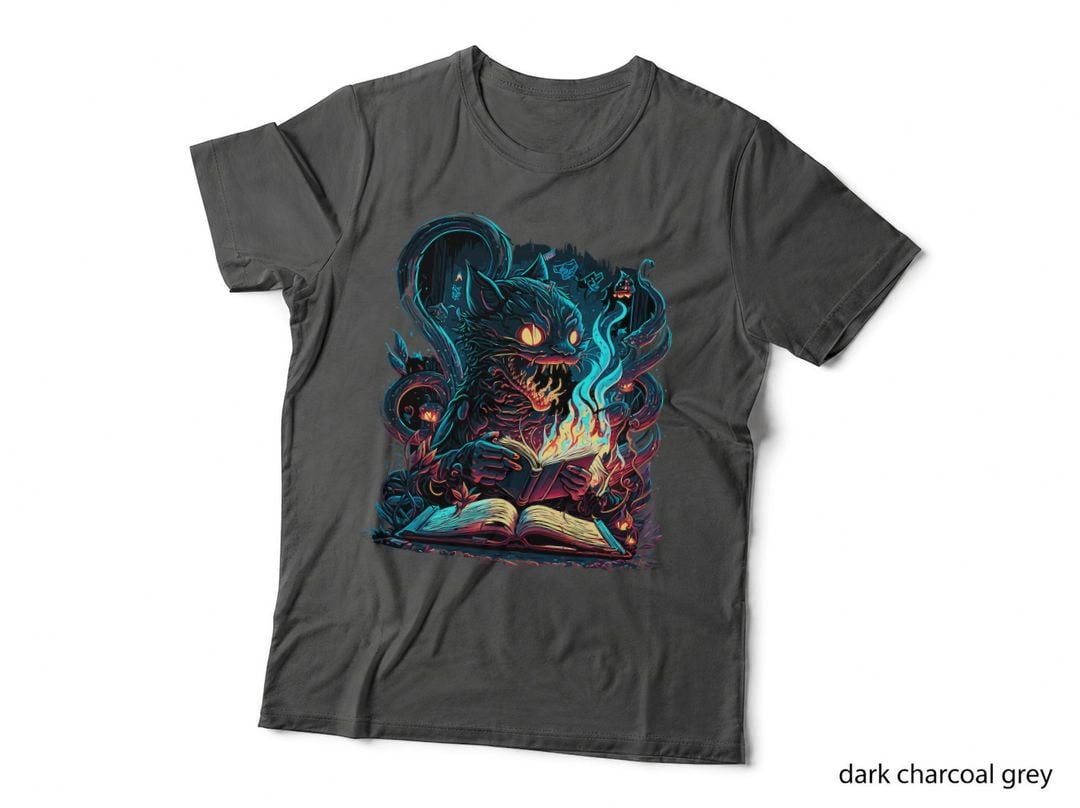 Evil Cat Reading Necronomicon T-Shirt, Horror Fantasy, Halloween Apparel