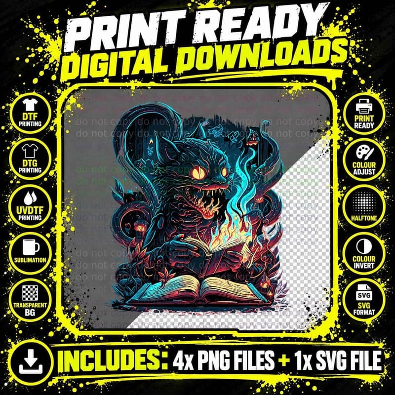 Evil Cat Reading Necronomicon T-Shirt, Horror Fantasy Png SVG Digital Bundle