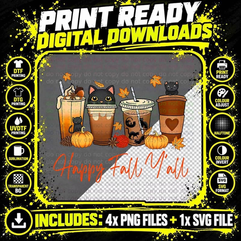 Fall Pumpkin Spice Latte T-Shirt, Autumn Black Cat Png SVG Digital Bundle