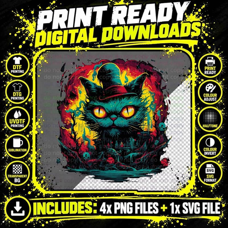 Fantasy Goth Cat T-Shirt, Halloween Horror Png SVG Digital Bundle