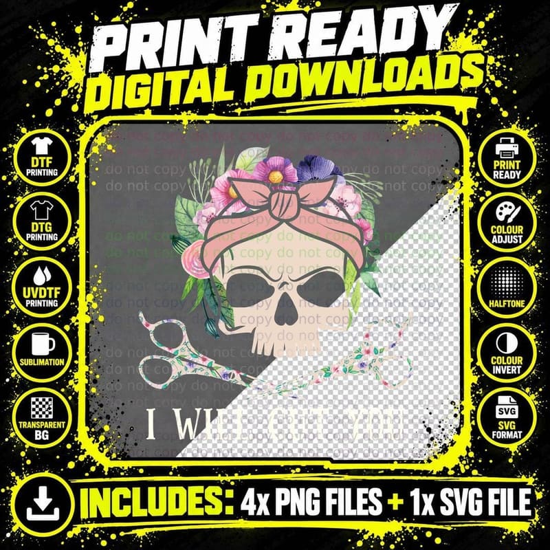 Floral Skull Scissors T-Shirt, Gothic Botanical Print Png SVG Digital Bundle