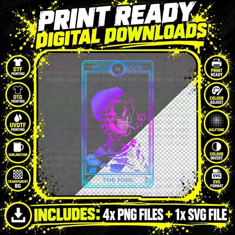 Fool Smoking Skeleton Tarot Card Skull Pagan Witch Png SVG Digital Bundle