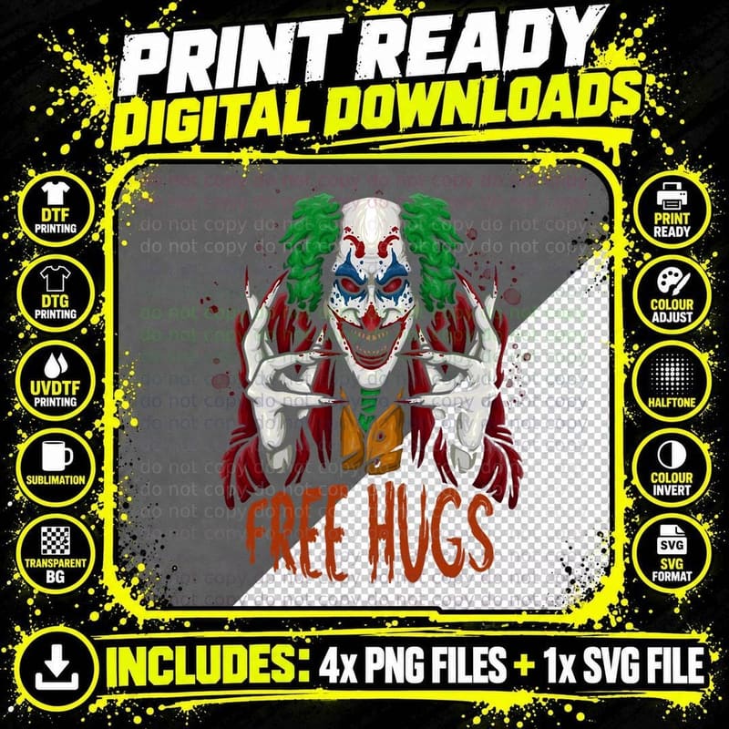 Free a Hugs Halloween Costume Evil Killer Scary-Clown Png SVG Digital Bundle