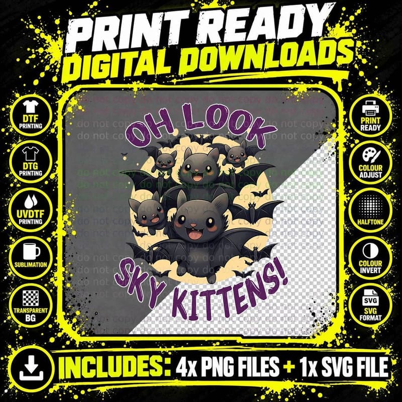 Funny Bat Sky Kittens Halloween T-Shirt Png SVG Digital Bundle