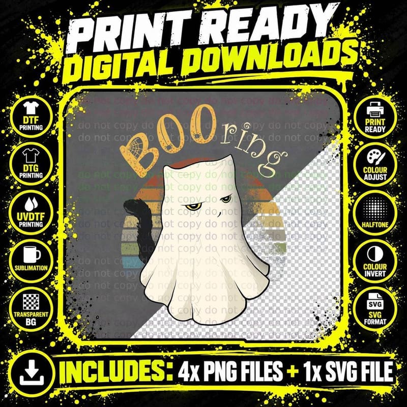 Funny Booring Halloween Cat T-Shirt, Halloween Pun Png SVG Digital Bundle