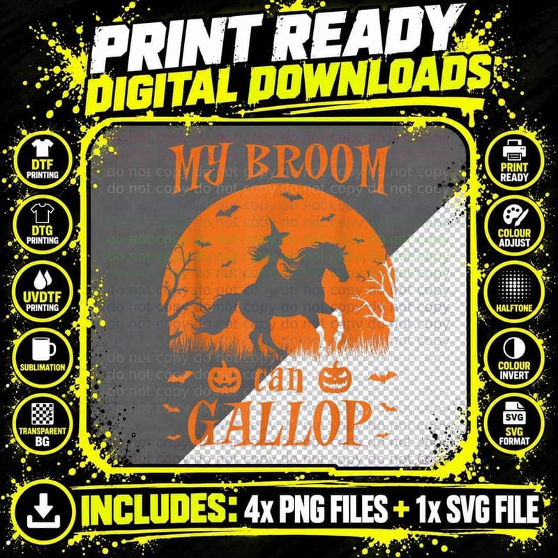 Funny Halloween Witch Riding a Horse Instead of a Broom Png SVG Digital Bundle