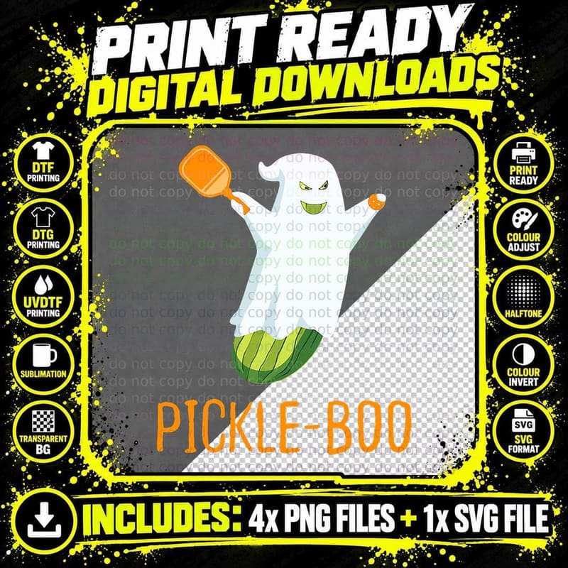 Funny Pickle Ghost Loves to Play Pickleball at Halloween Png SVG Digital Bundle