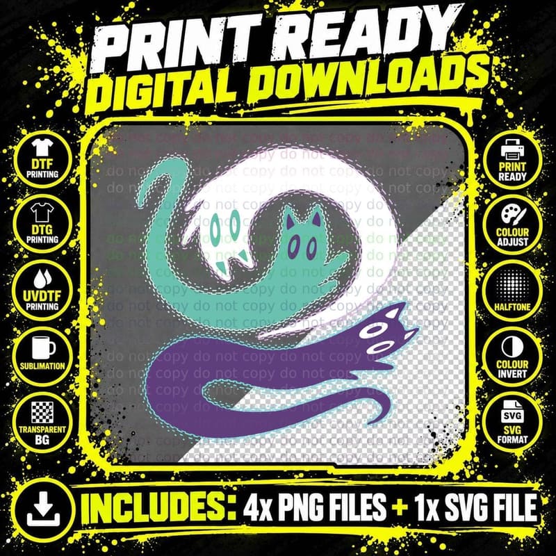 Ghost Cats Flying Spooky Halloween Kitty Mid Century Png SVG Digital Bundle