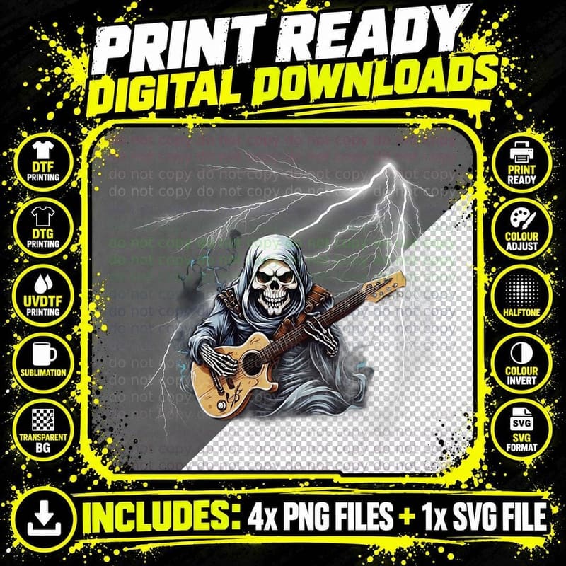 Ghost Guitar Cool Guitar Player Skeleton Hands Guitar Png SVG Digital Bundle