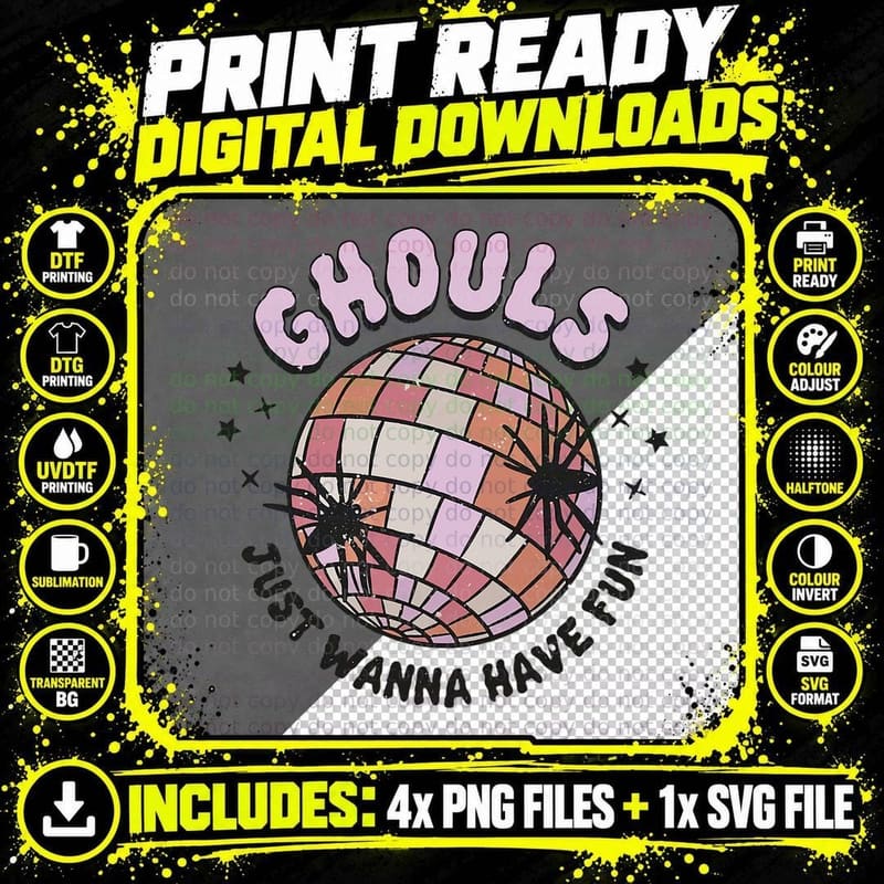 Ghouls Just Want to Have Fun Disco Ball Girls Halloween Png SVG Digital Bundle