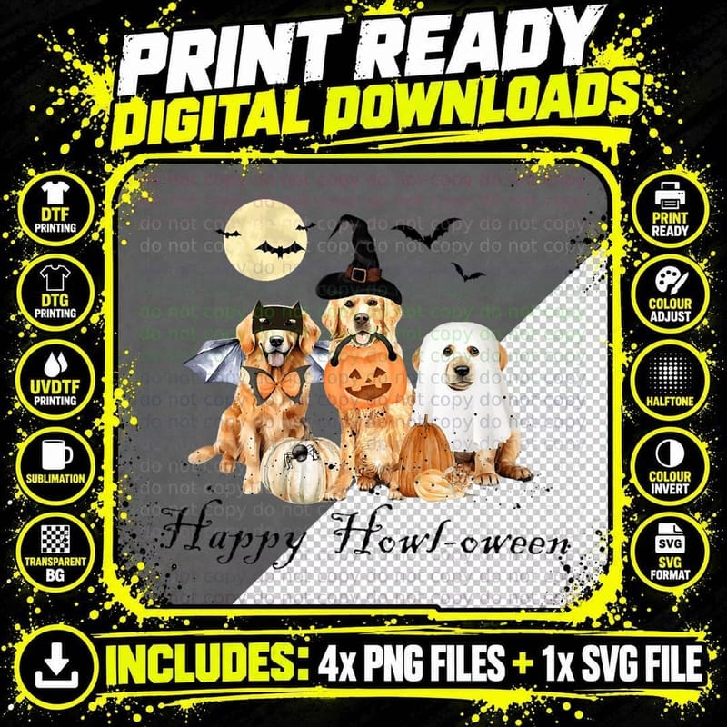 Golden Retriever Dog Ghost Halloween Witch and Bat Png SVG Digital Bundle
