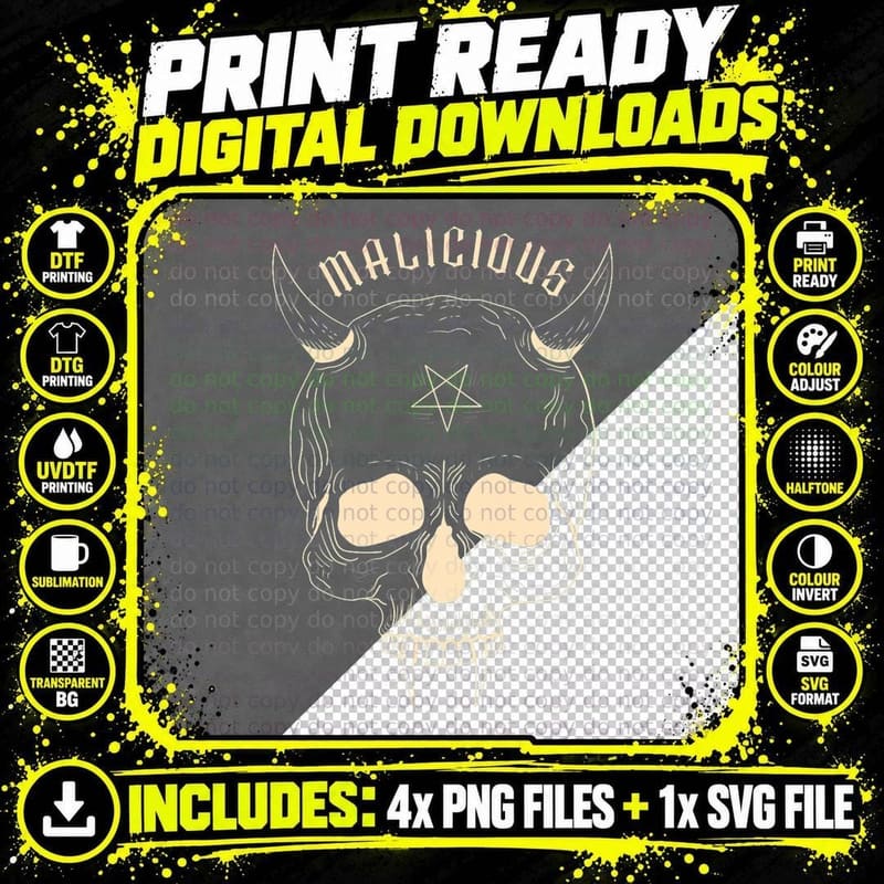 Goth Creepy Skull Head Pentagram Malicious Occult T-Shirt Png SVG Digital Bundle