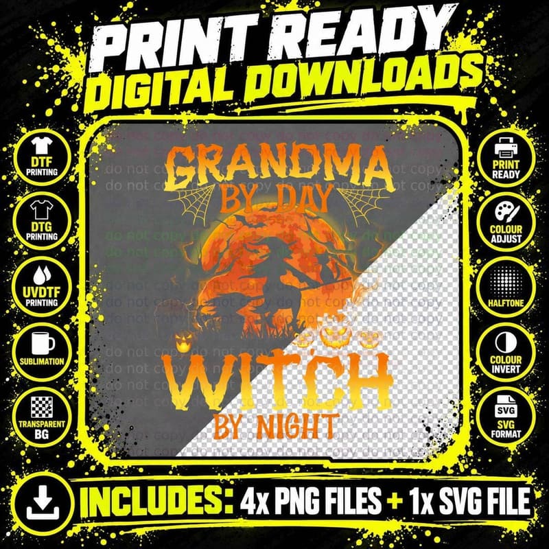 Grandma by Day Witch by Night T-Shirt, Halloween Costume Png SVG Digital Bundle