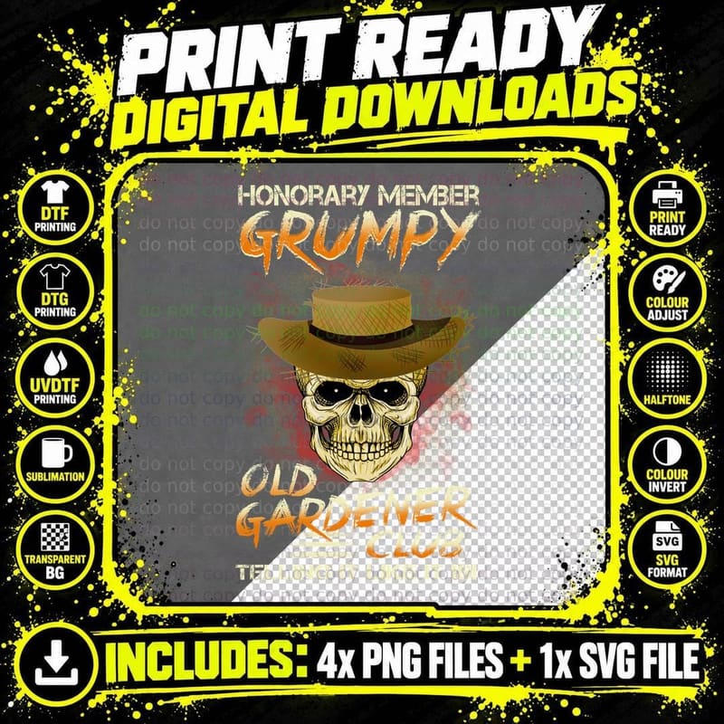 Grumpy Old Gardener Skull T-Shirt, Gothic Skull Print Png SVG Digital Bundle