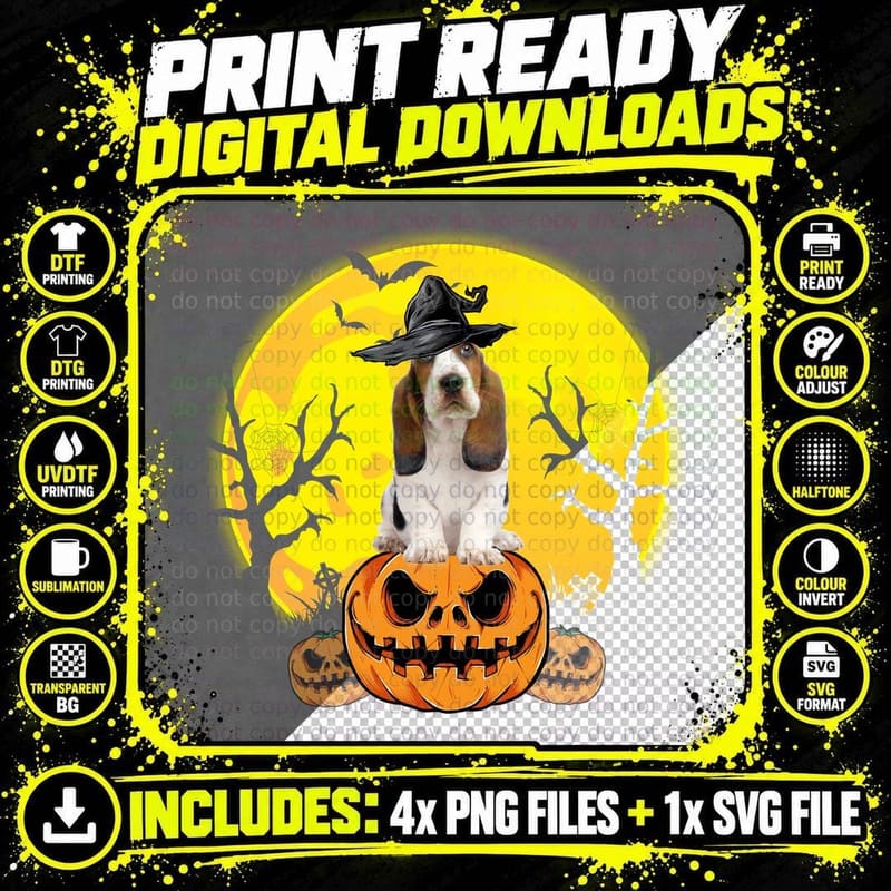 Halloween Basset Hound T-Shirt, Witch Hat Costume Png SVG Digital Bundle