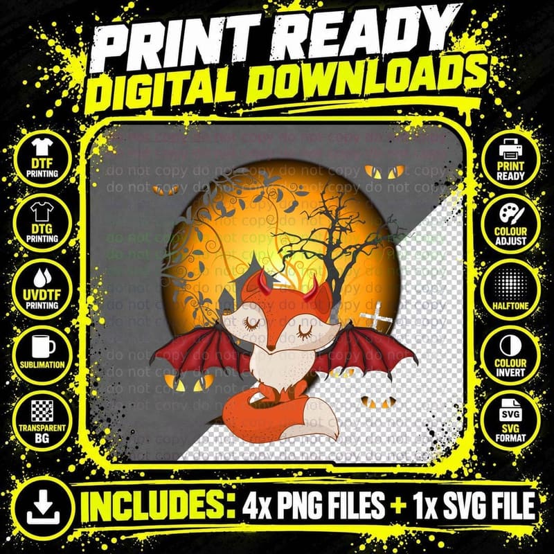 Halloween Bat Fox T-Shirt, Spooky Forest Theme Png SVG Digital Bundle