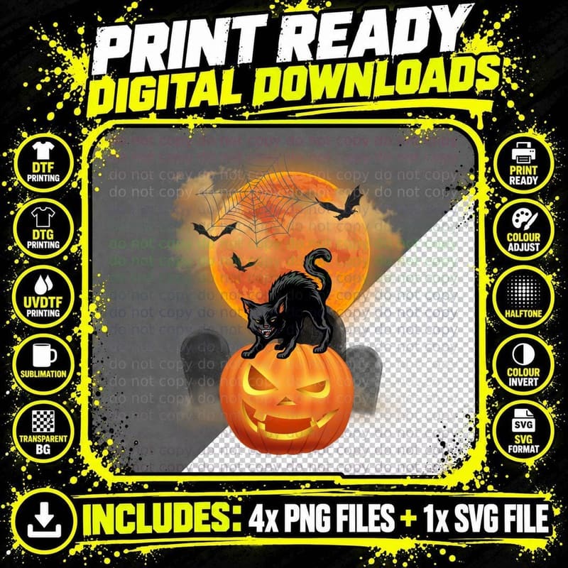 Halloween Black Cat Jack-O'-Lantern T-Shirt Png SVG Digital Bundle