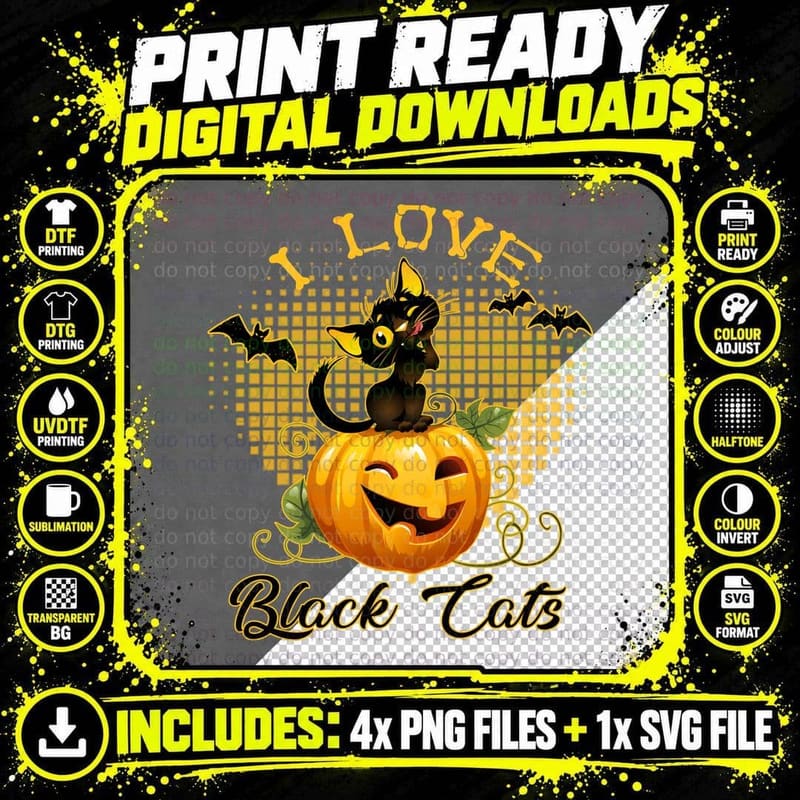 Halloween Black Cat Pumpkin T-Shirt Png SVG Digital Bundle
