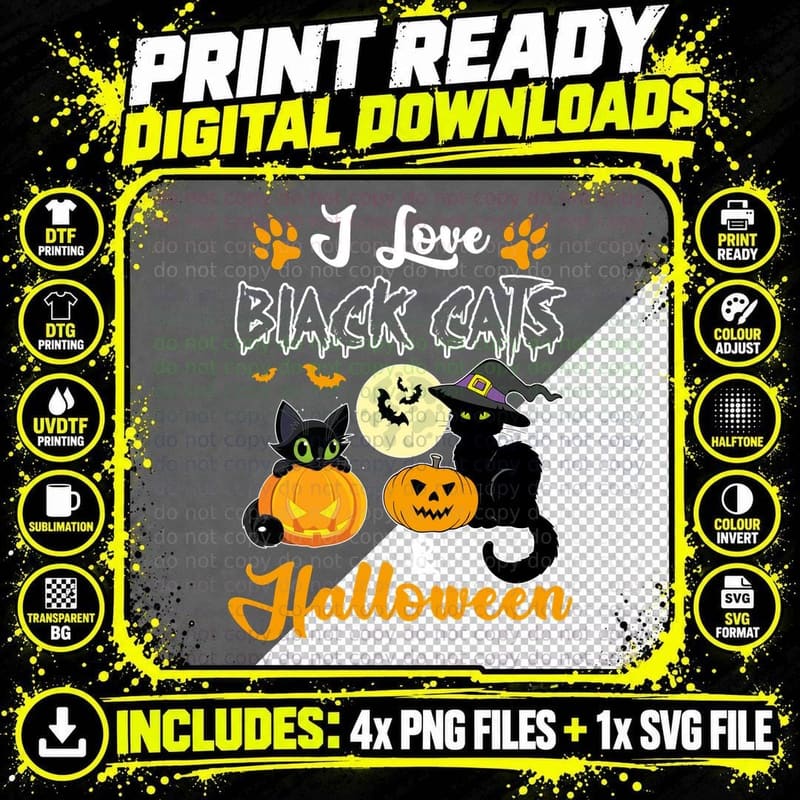 Halloween Black Cat T-Shirt, Spooky Pumpkin Patch Design Png SVG Digital Bundle