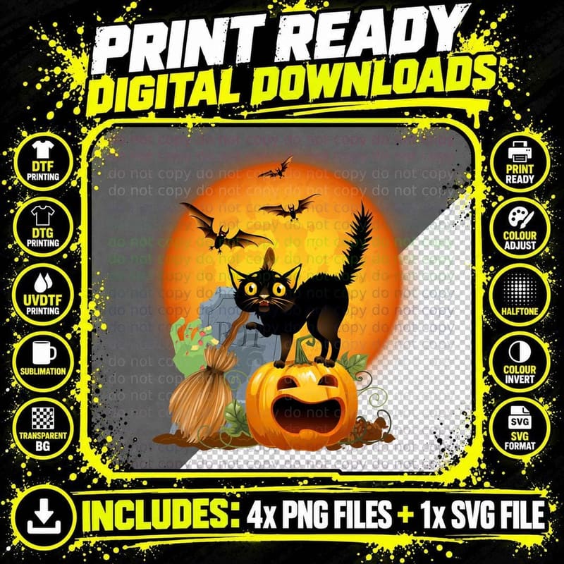 Halloween Black Cat T-Shirt, Spooky Pumpkin Print Png SVG Digital Bundle