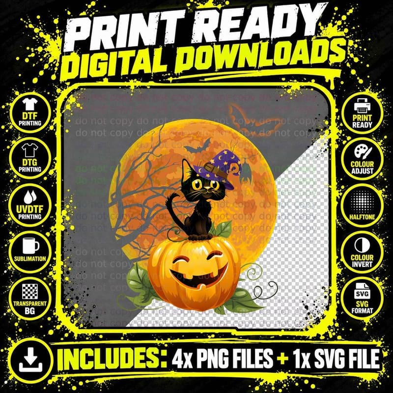 Halloween Black Cat T-Shirt, Spooky Witch Hat Design Png SVG Digital Bundle