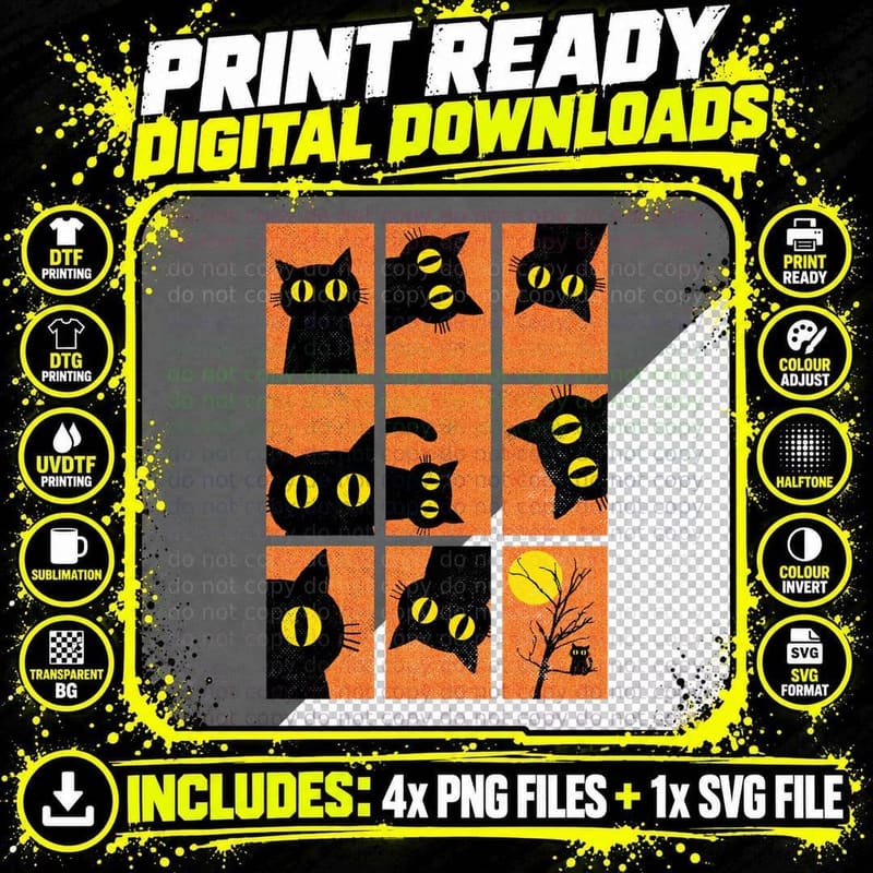 Halloween Black Cat T-Shirt Png SVG Digital Bundle