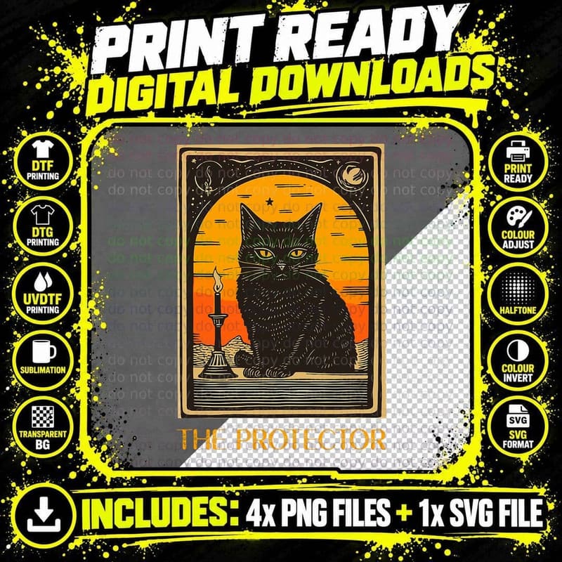 Halloween Black Cat Tarot the Protector Fortune Teller Png SVG Digital Bundle