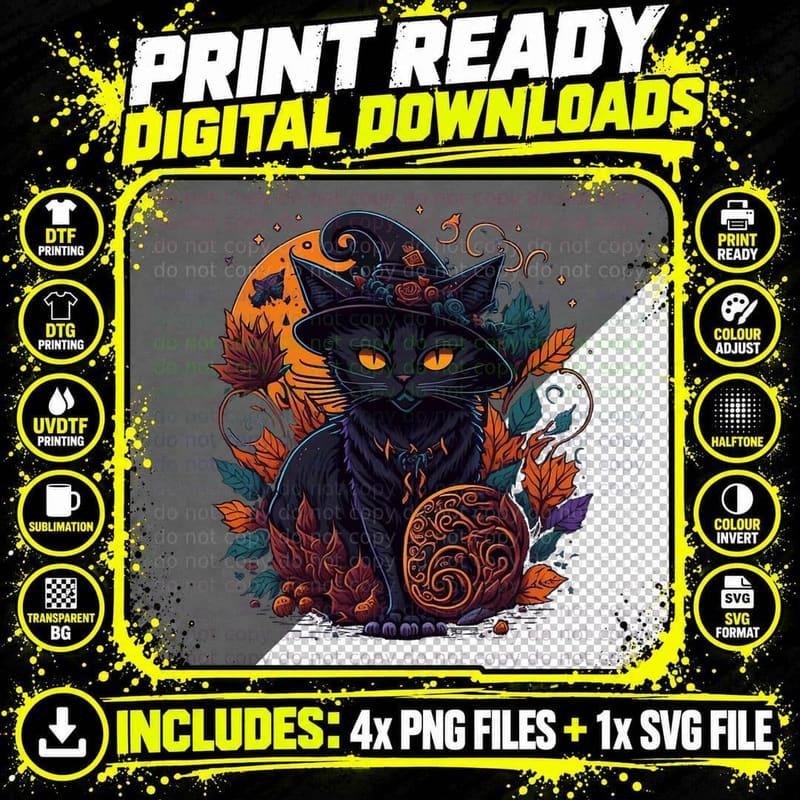 Halloween Black Cat Van Gogh Witch Kawaii Pumpkin Women Png SVG Digital Bundle
