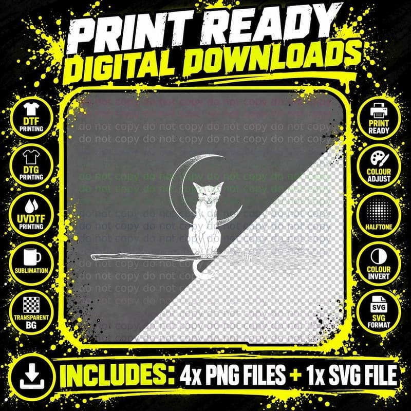 Halloween Black Cat on Broomstick T-Shirt Png SVG Digital Bundle