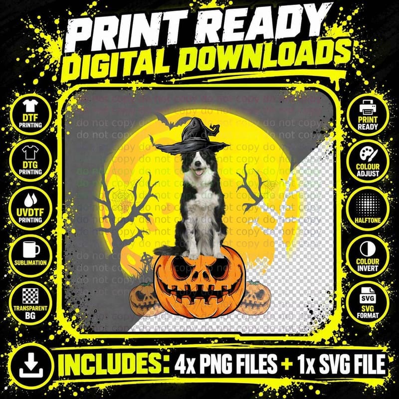 Halloween Border Collie Witch Hat T-Shirt Png SVG Digital Bundle