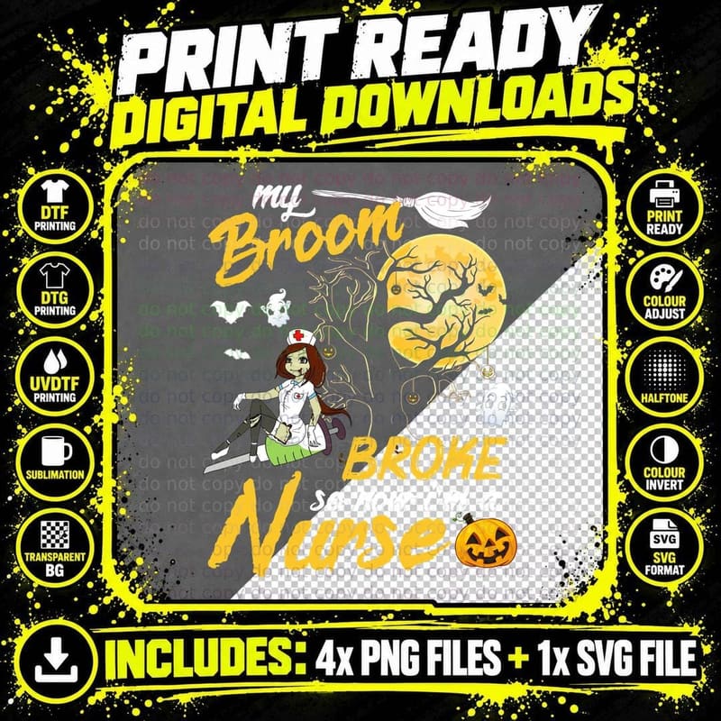 Halloween Broom Broke Nurse T-Shirt, Halloween Costume Png SVG Digital Bundle