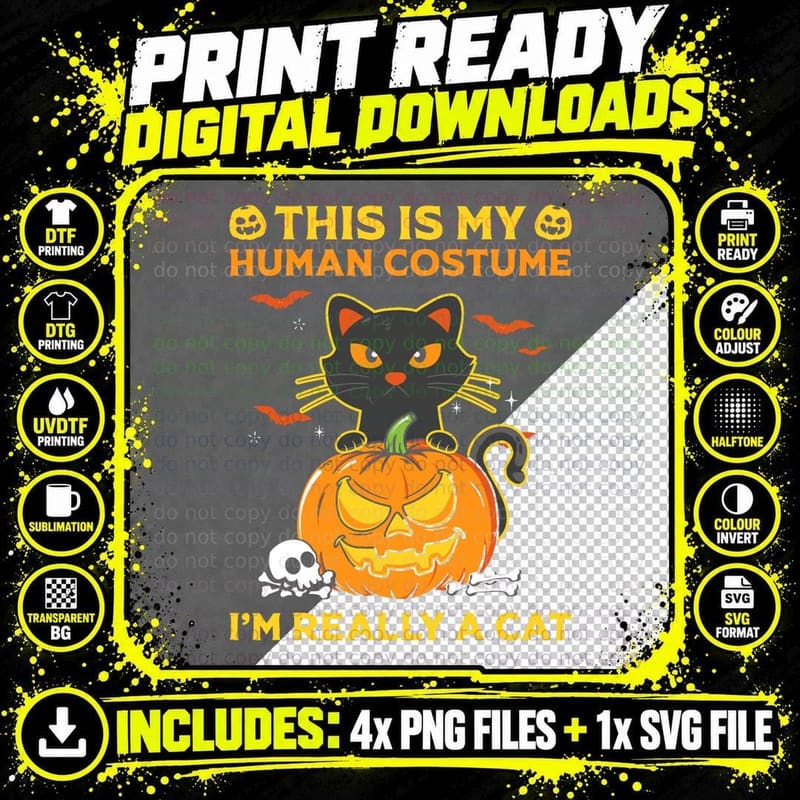 Halloween Cat Costume T-Shirt, Funny Halloween Design Png SVG Digital Bundle