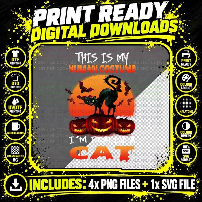 Halloween Cat Costume T-Shirt, Spooky Cat Print Png SVG Digital Bundle