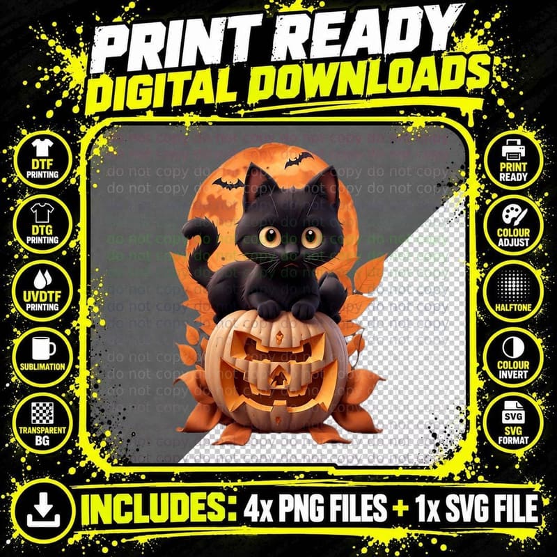 Halloween Cat Jack-O'-Lantern T-Shirt Png SVG Digital Bundle