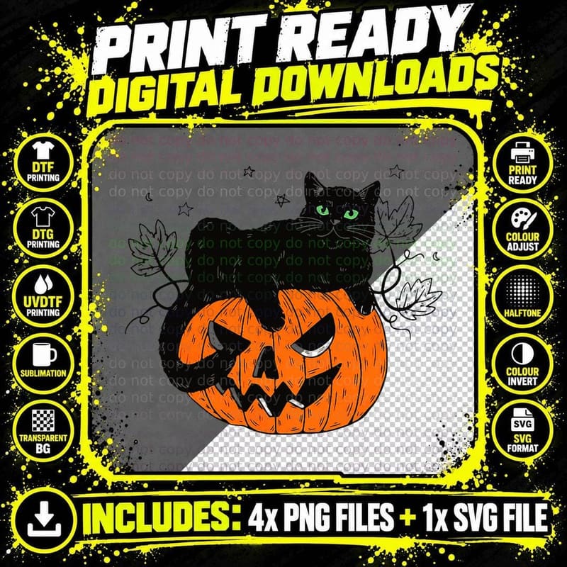 Halloween Cat Lover Gift, Black Cat on Pumpkin T-Shirt Png SVG Digital Bundle