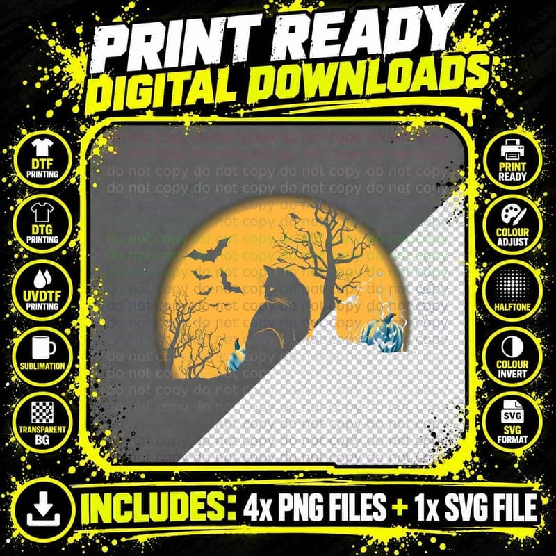 Halloween Cat Silhouette T-Shirt, Spooky Night Scene Png SVG Digital Bundle