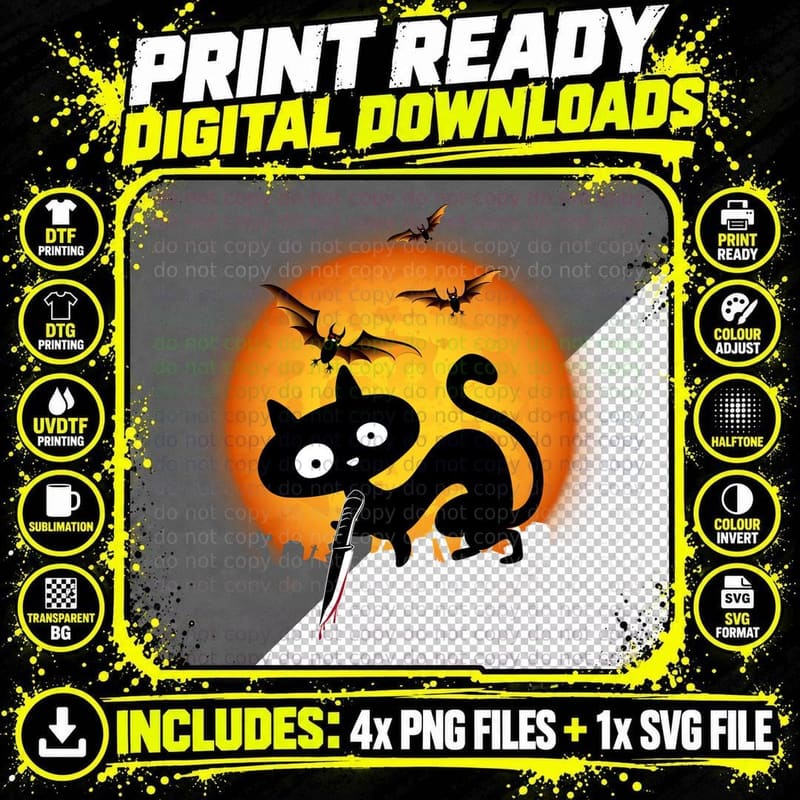Halloween Cat with Knife T-Shirt, Spooky Horror Theme Png SVG Digital Bundle