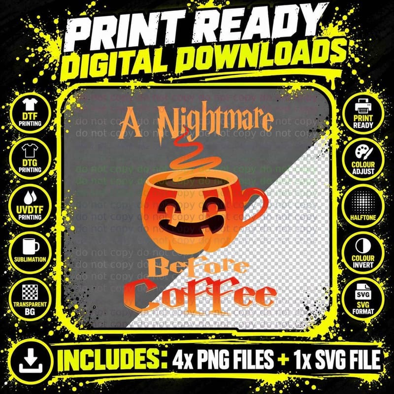 Halloween Coffee Cup T-Shirt, Pumpkin Jack-O-Lantern Png SVG Digital Bundle