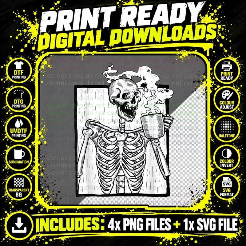 Halloween Coffee Drinking Skeleton Skull Sweatshirt Png SVG Digital Bundle