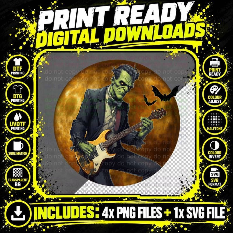 Halloween Cool Monster Playing Electric Guitar T-Shirt Png SVG Digital Bundle
