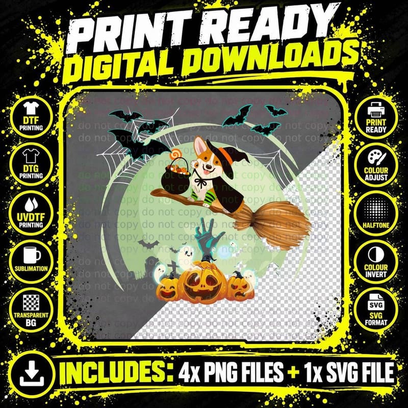 Halloween Corgi Witch T-Shirt, Spooky Pet Costume Png SVG Digital Bundle