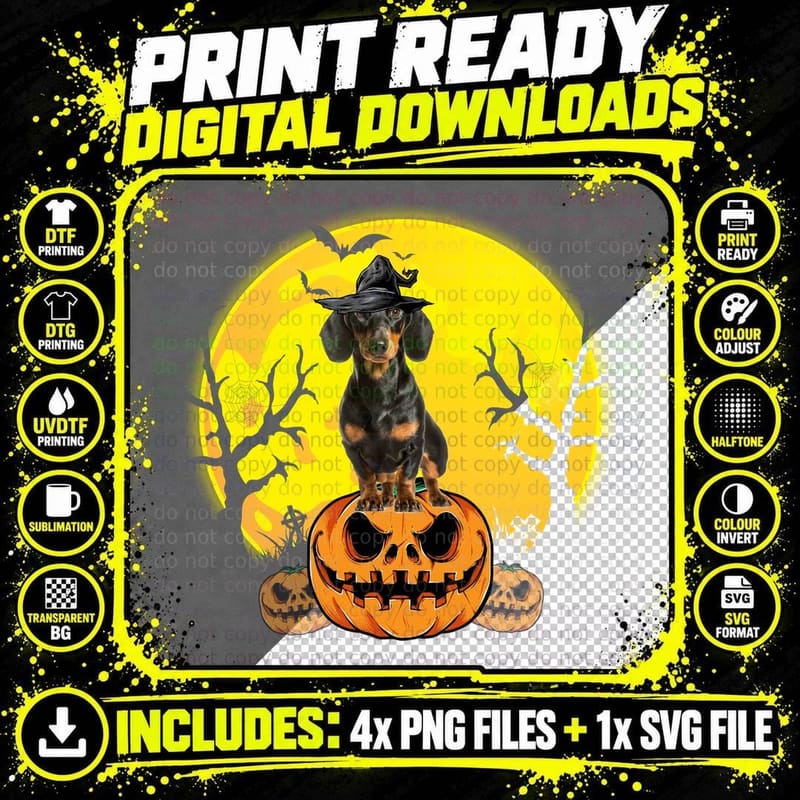 Halloween Dachshund Witch Hat T-Shirt Png SVG Digital Bundle