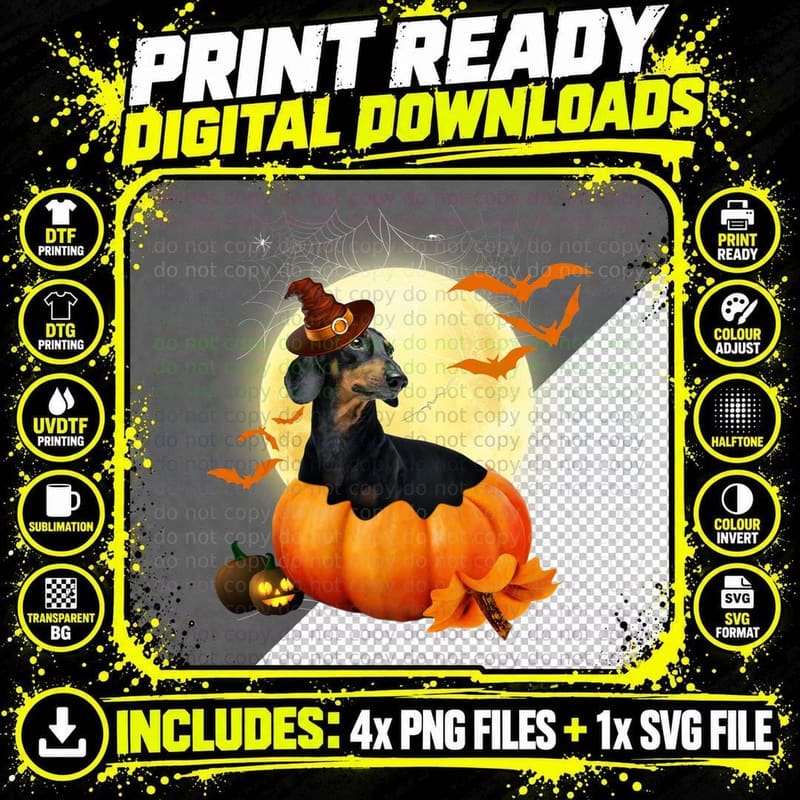 Halloween Dachshund in Pumpkin T-Shirt Png SVG Digital Bundle