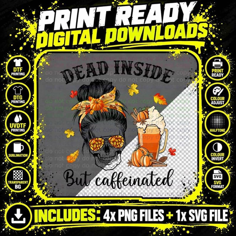 Halloween Dead Inside but Caffeinated Bun Hair Skull Png SVG Digital Bundle