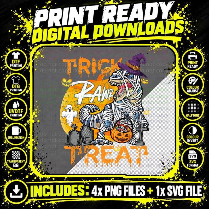 Halloween Dinosaur Mummy T-Shirt, Trick or Treat Png SVG Digital Bundle