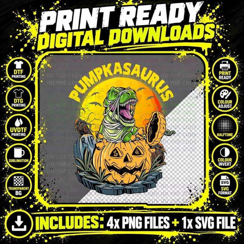 Halloween Dinosaur Pumpkin T-Shirt Png SVG Digital Bundle