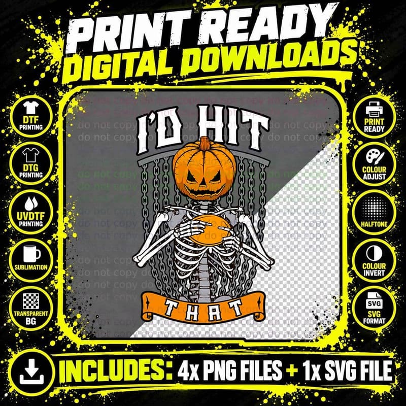 Halloween Disc Golf I'd Hit That Funny Pumpkin Skeleton Png SVG Digital Bundle