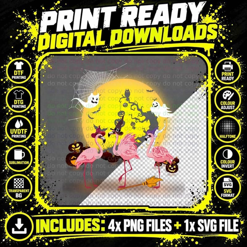 Halloween Flamingo T-Shirt, Spooky Witchy Theme Png SVG Digital Bundle