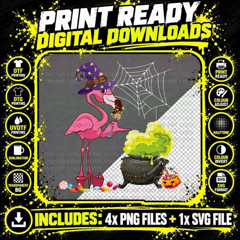 Halloween Flamingo Witch T-Shirt, Spooky Witchcraft Png SVG Digital Bundle
