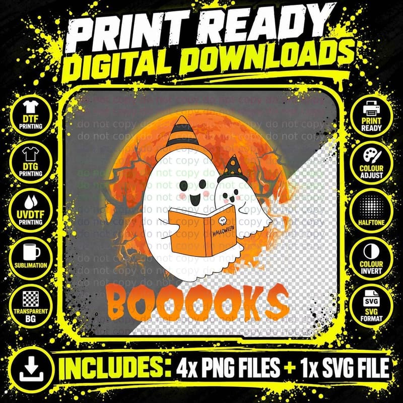 Halloween Ghosts Reading Book T-Shirt Png SVG Digital Bundle